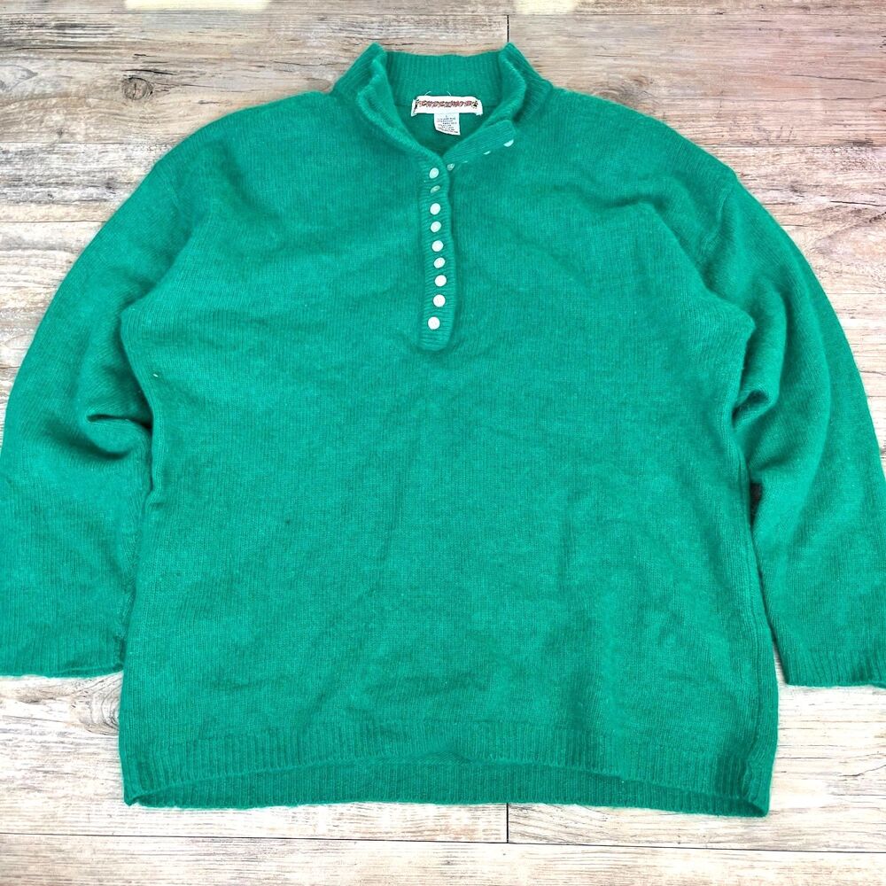 Vintage Checkmate Green Lambswool Angora Henley Sweater Lrg Soft Knit Natural